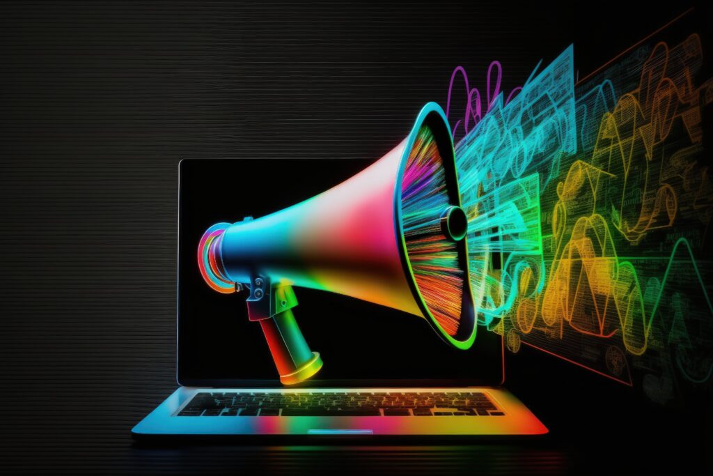 illustration megaphone laptop screen dark background with colorful neon lights generative ai min