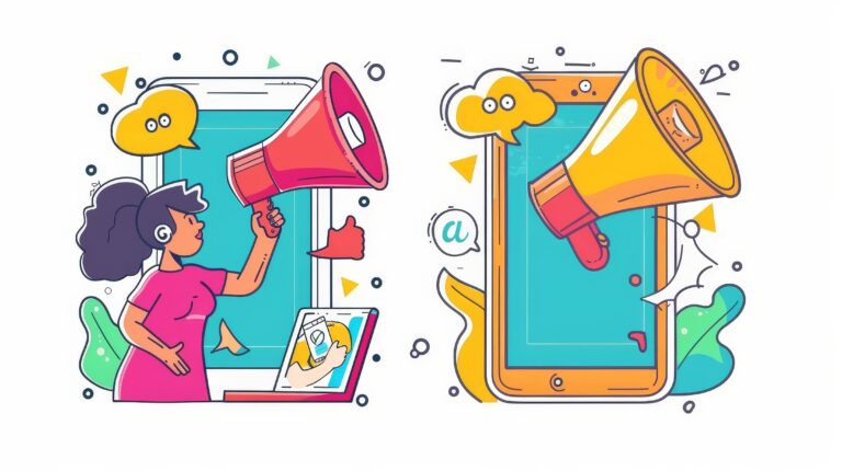 mobile page awareness campaign social marketing concept with characters promoting online networks via laptop megaphone min