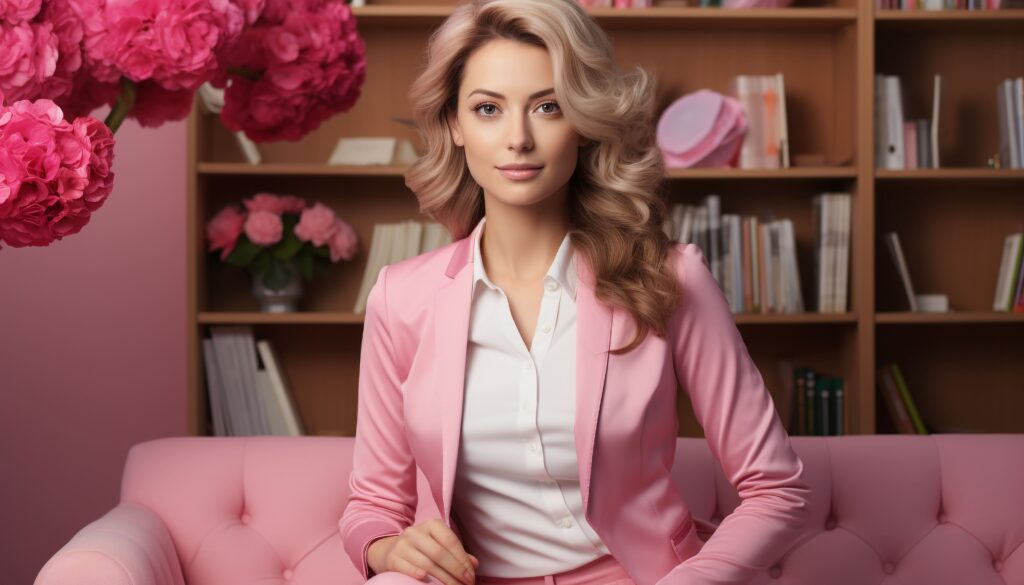smiling businesswoman pink suit confident successful work generated by artificial intelligence min