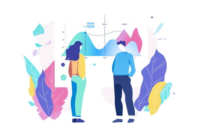 vector art two people looking line chart light theme color palette 7aa7f0 8f81f3 ie lightblue soft purple indigo crucial white background min