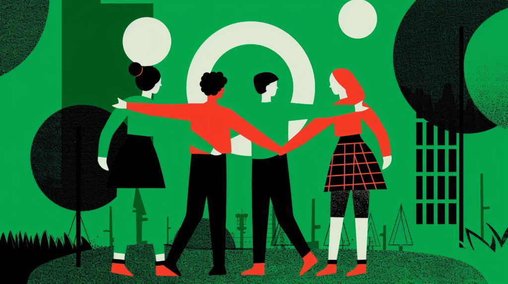 illustration diverse group people holding hands front green background with cityscape min