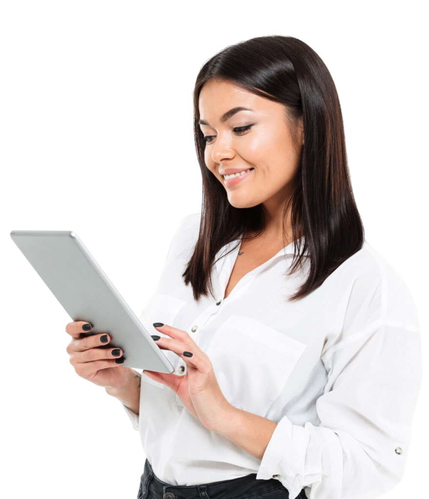 cheerful young asian lady chatting by tablet computer e1748987965313