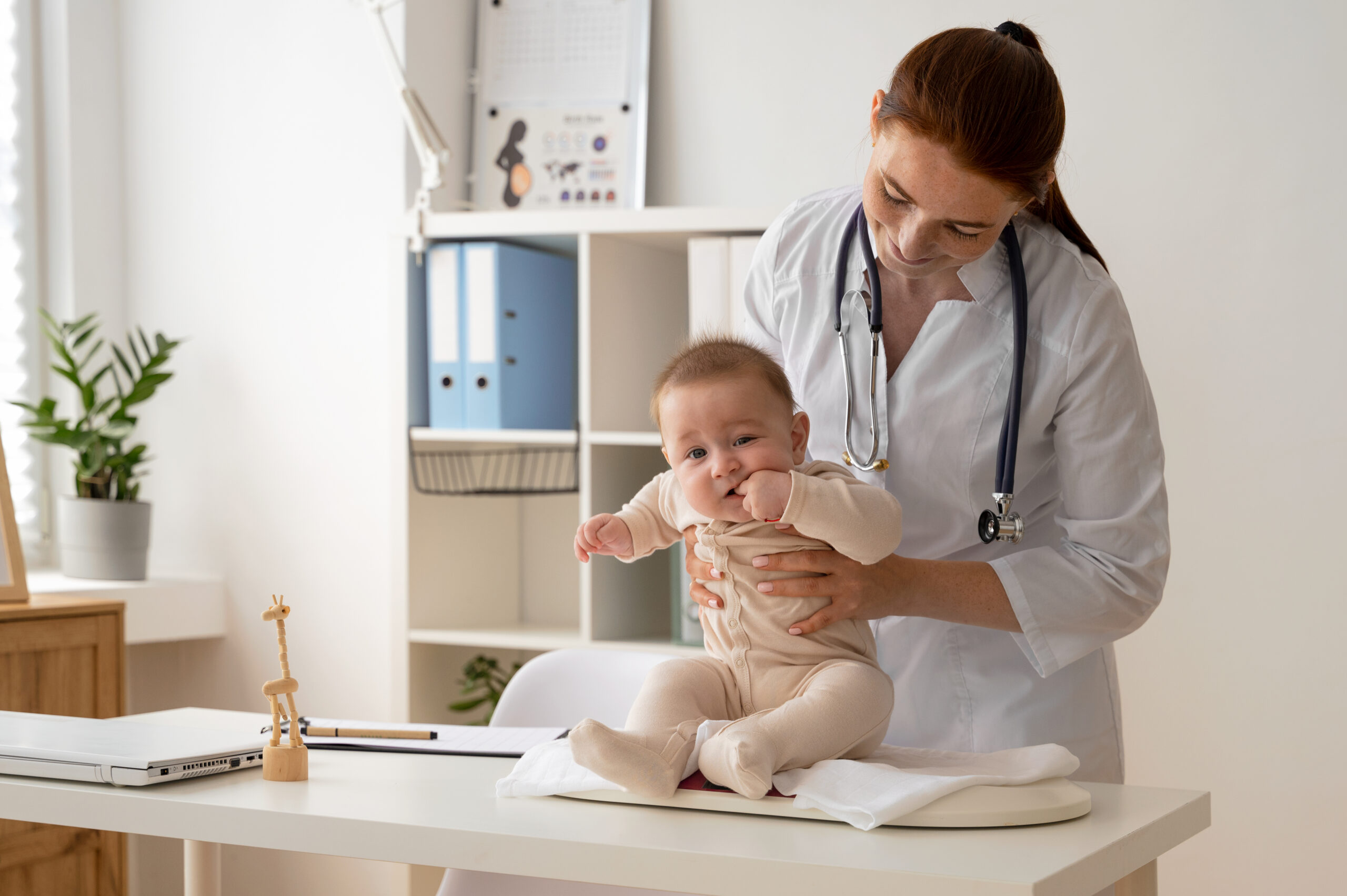 front view doctor holding cute baby scaled